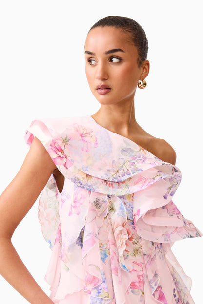 Millie One Shoulder Mini Dress in Pink Floral