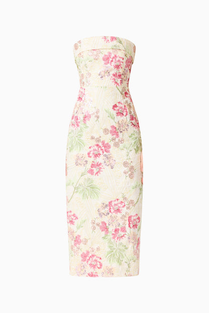 Greta Embroidered Midi Dress in Cream & Pink Floral