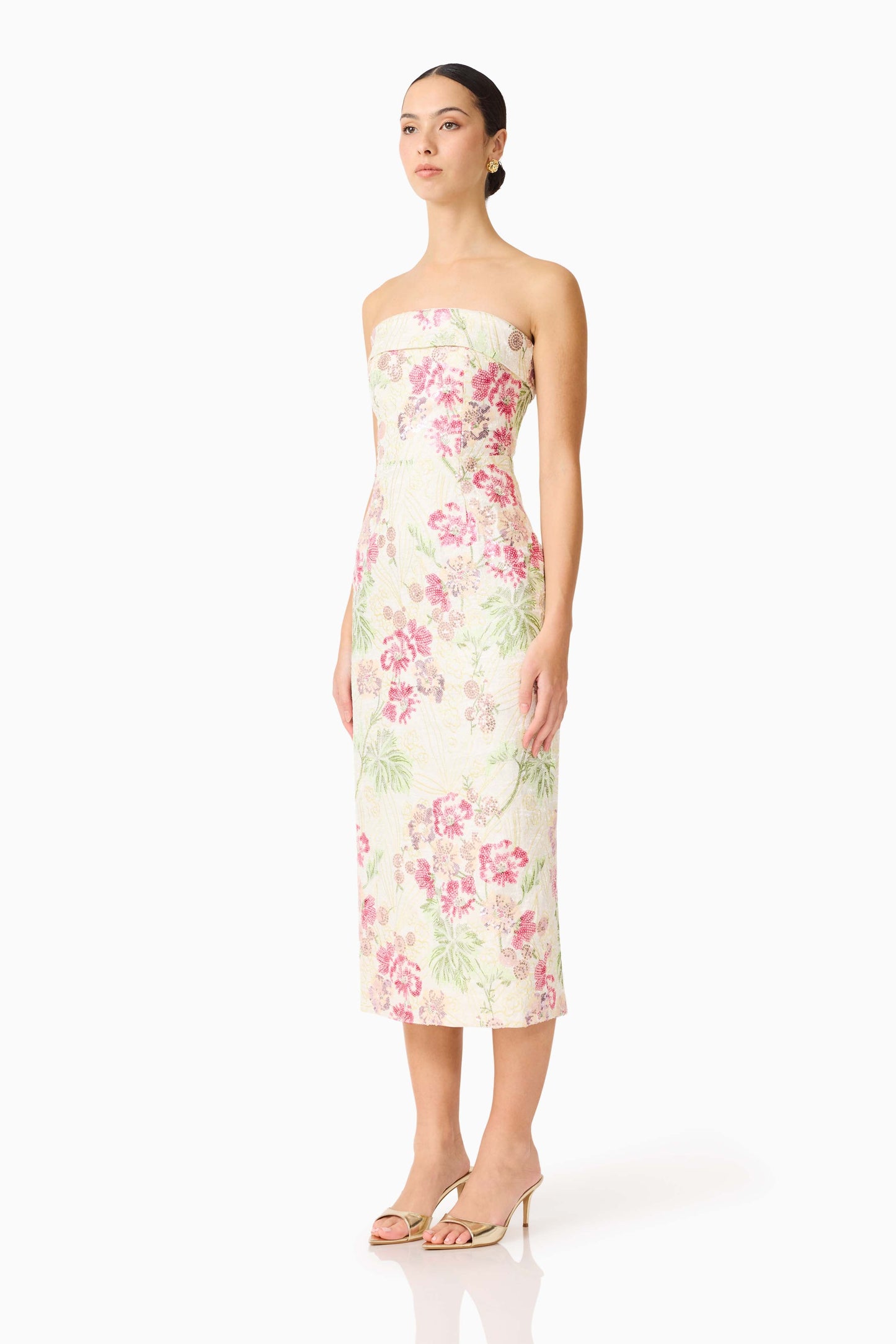 Greta Embroidered Midi Dress in Cream & Pink Floral