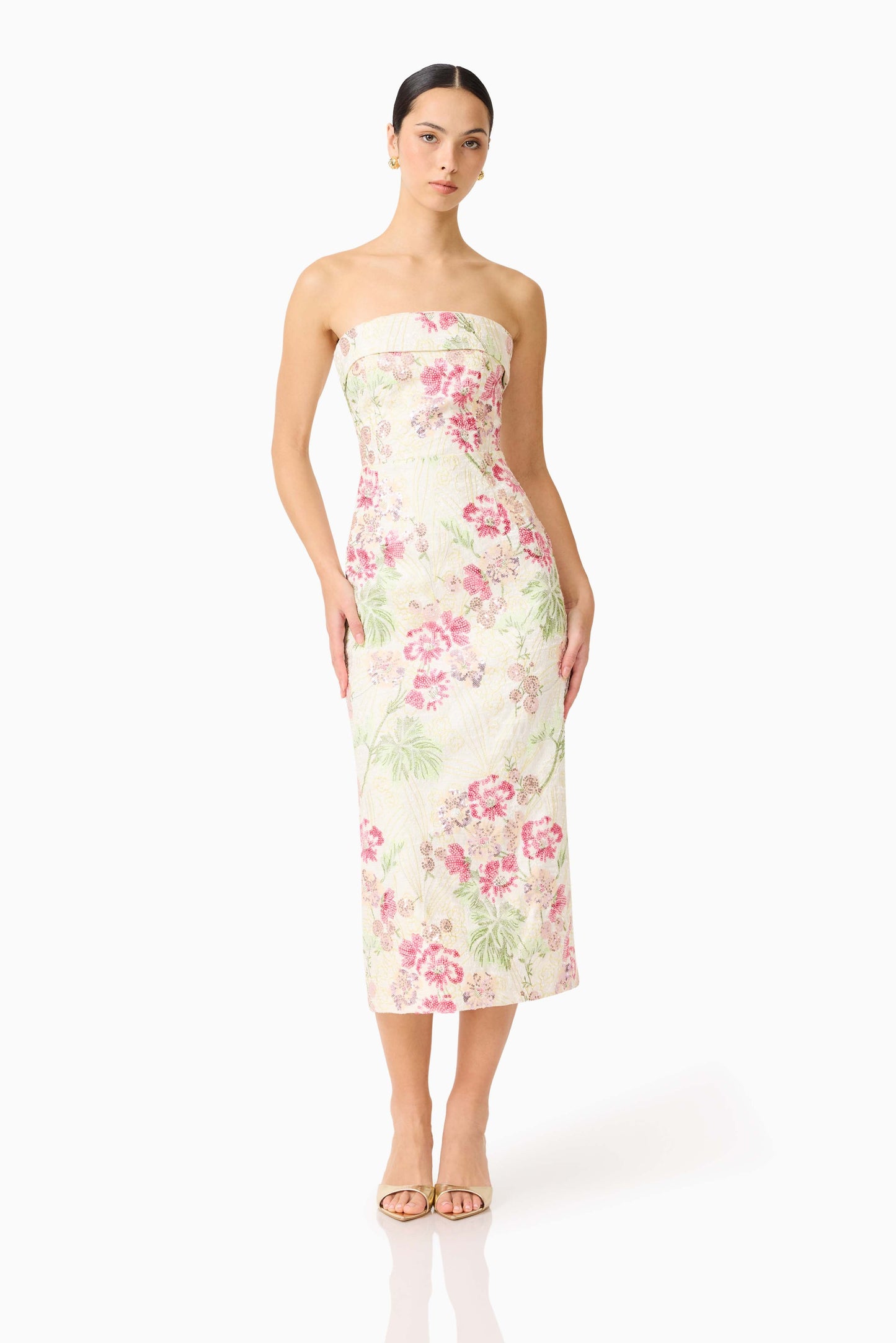 Greta Embroidered Midi Dress in Cream & Pink Floral