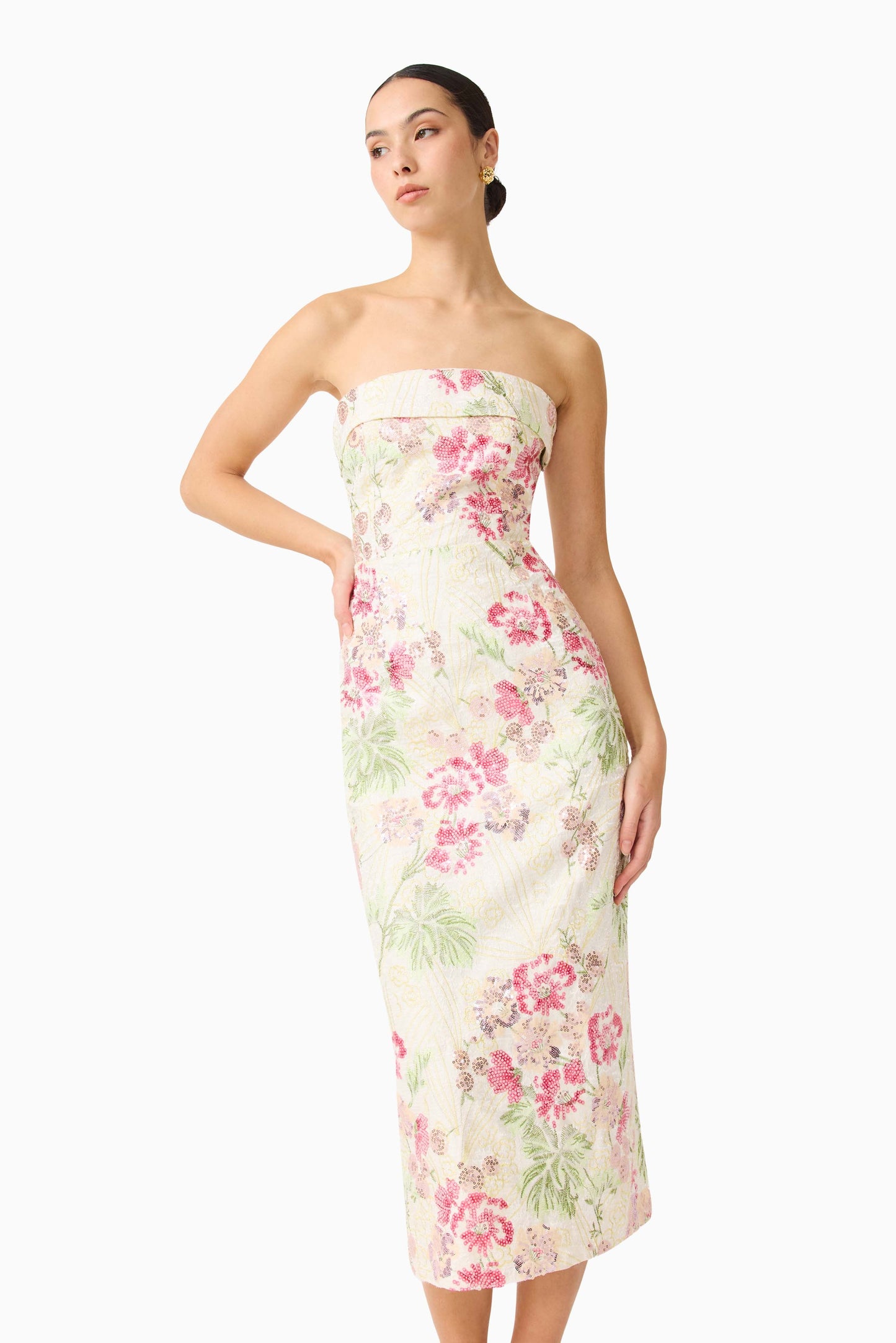 Greta Embroidered Midi Dress in Cream & Pink Floral