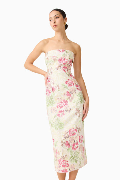 Greta Embroidered Midi Dress in Cream & Pink Floral