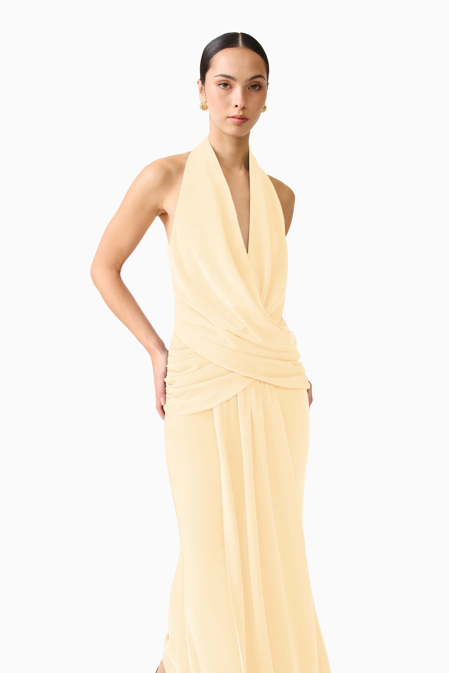 Simone Cowl Neck Gown in Butter Yellow