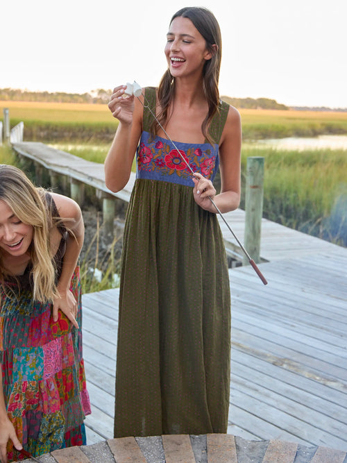 Embroidered Tricia Maxi Dress - Olive Polka Dot