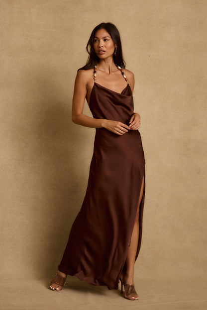 Fina Mocha Satin Maxi Dress