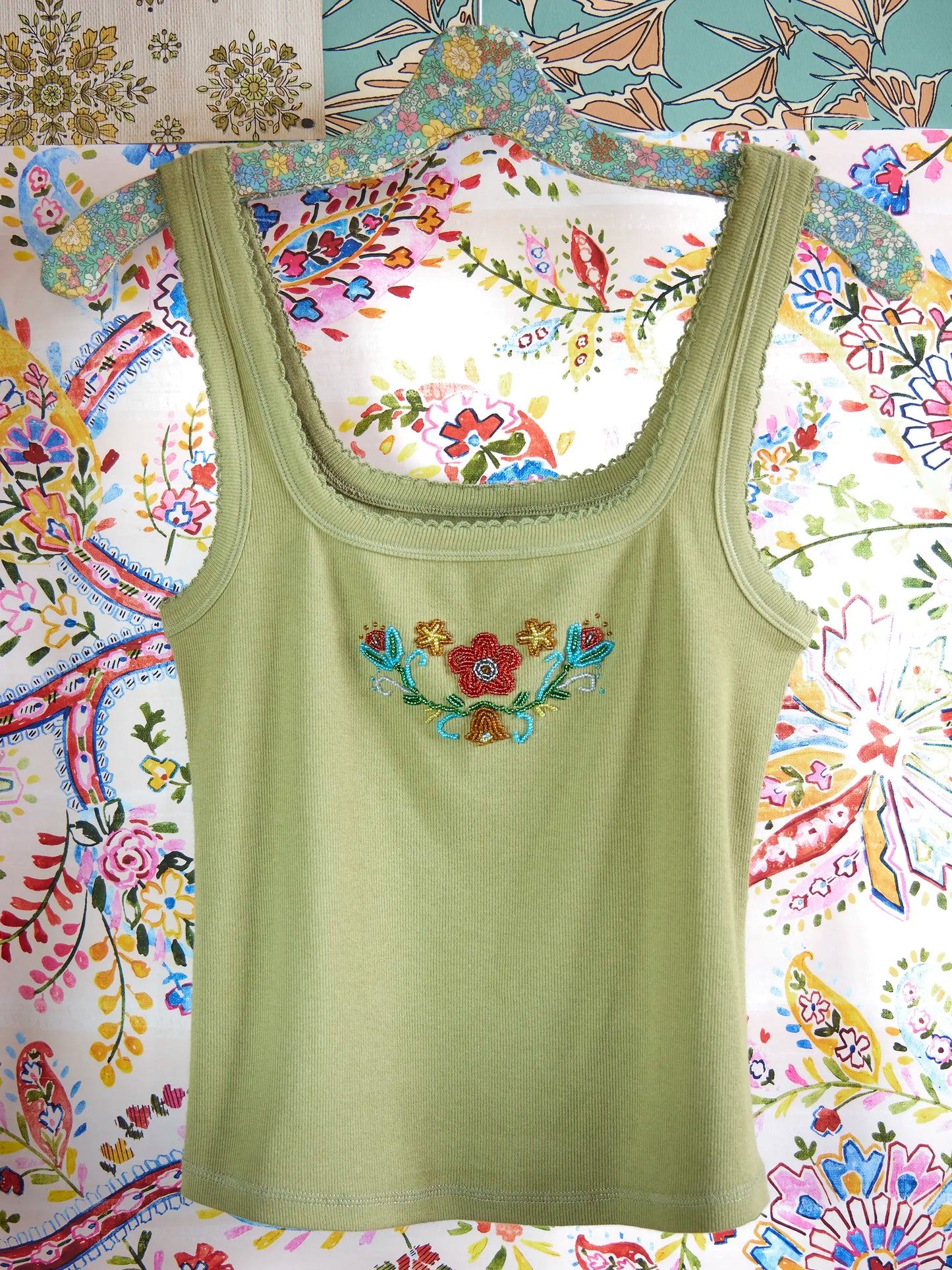 Mona Beaded Tank - Olive Floral