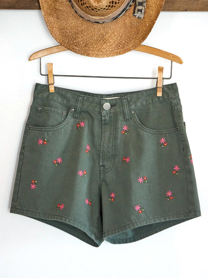 Embroidered Cotton Denim Shorts - Army Green