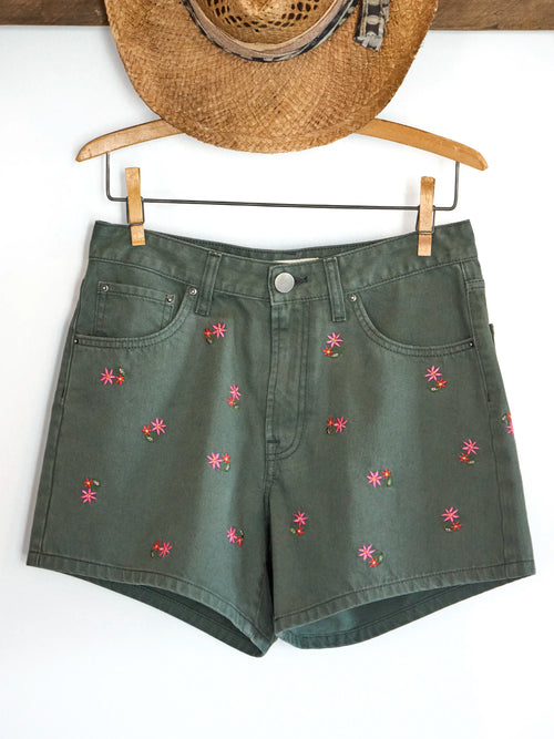 Embroidered Cotton Denim Shorts - Army Green