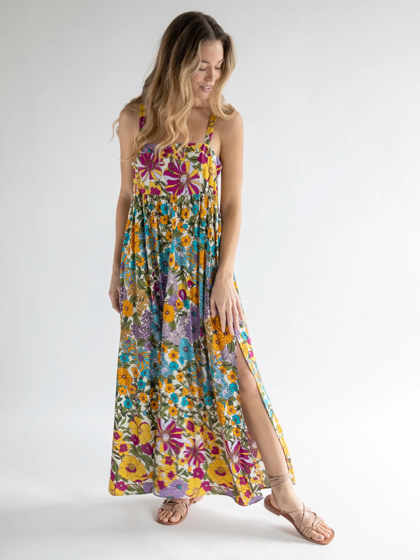 Patti Side Slit Maxi Dress - Multicolored Retro Floral