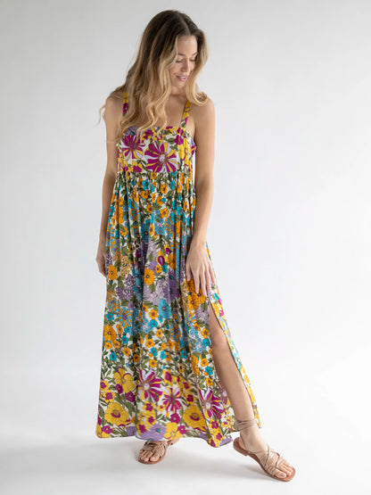 Patti Side Slit Maxi Dress - Multicolored Retro Floral