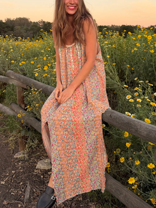 Cosette Embroidered Cotton Maxi Dress - Turquoise Orange Stripes