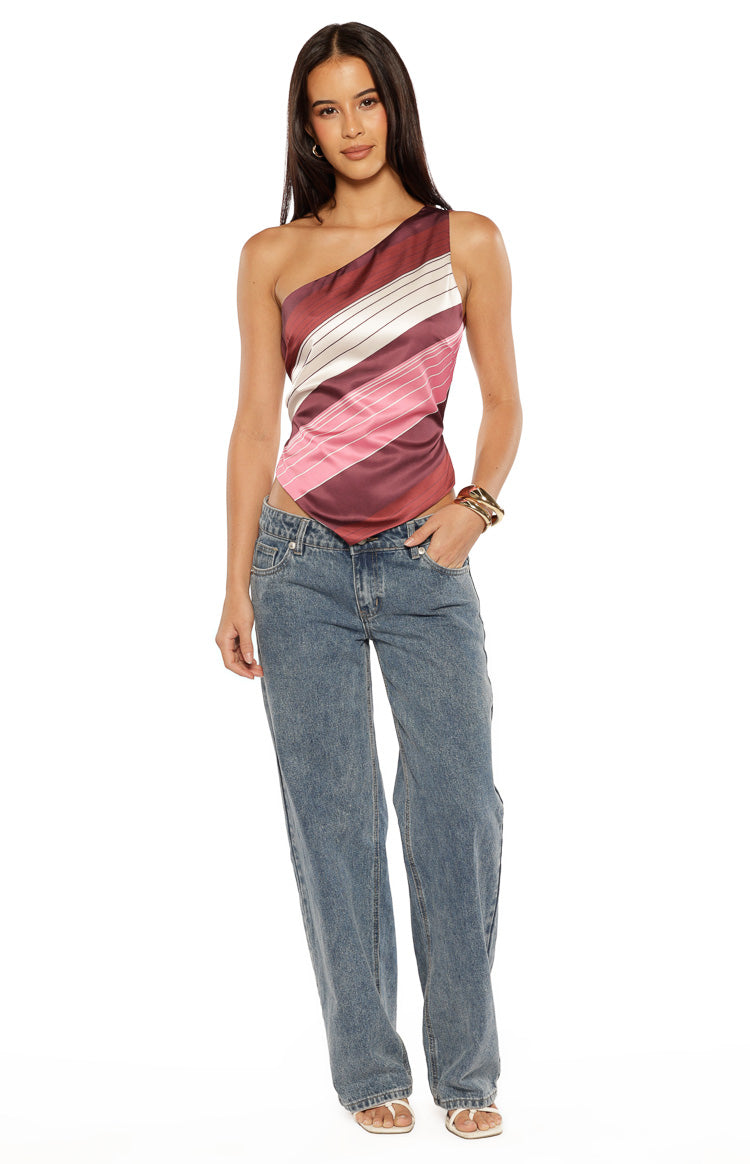 Kendall Pink Stripe Asymmetric Satin Top