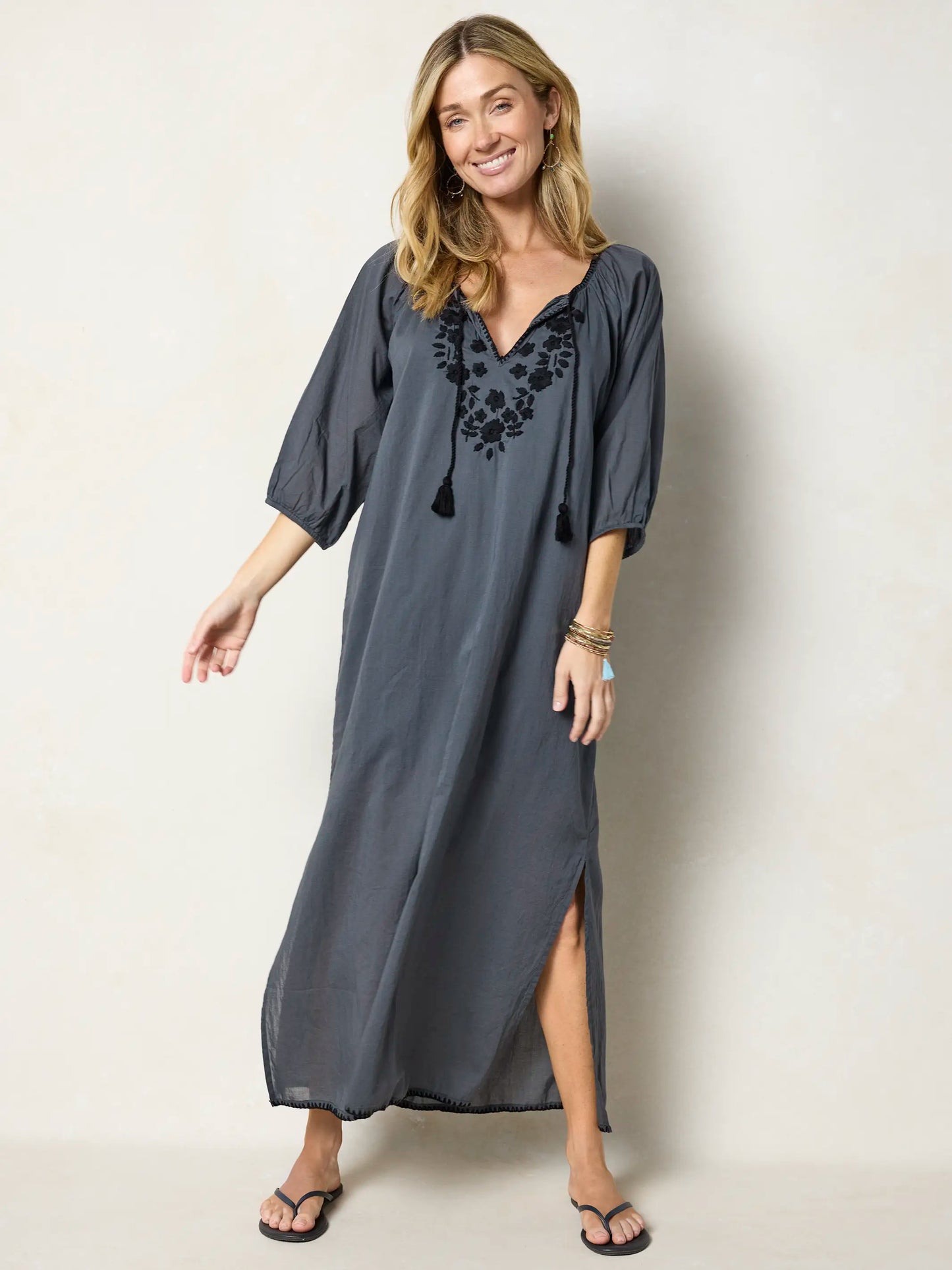 Christy Embroidered Cotton Maxi Dress - Charcoal
