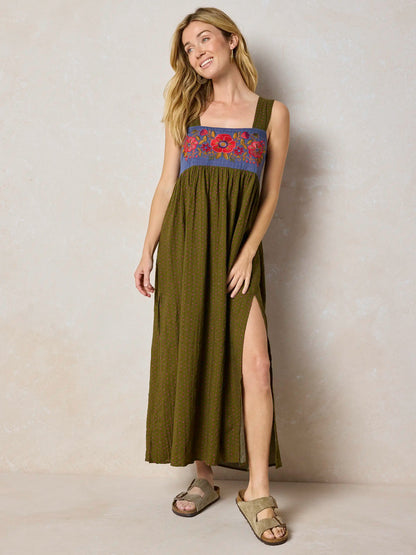 Embroidered Tricia Maxi Dress - Olive Polka Dot