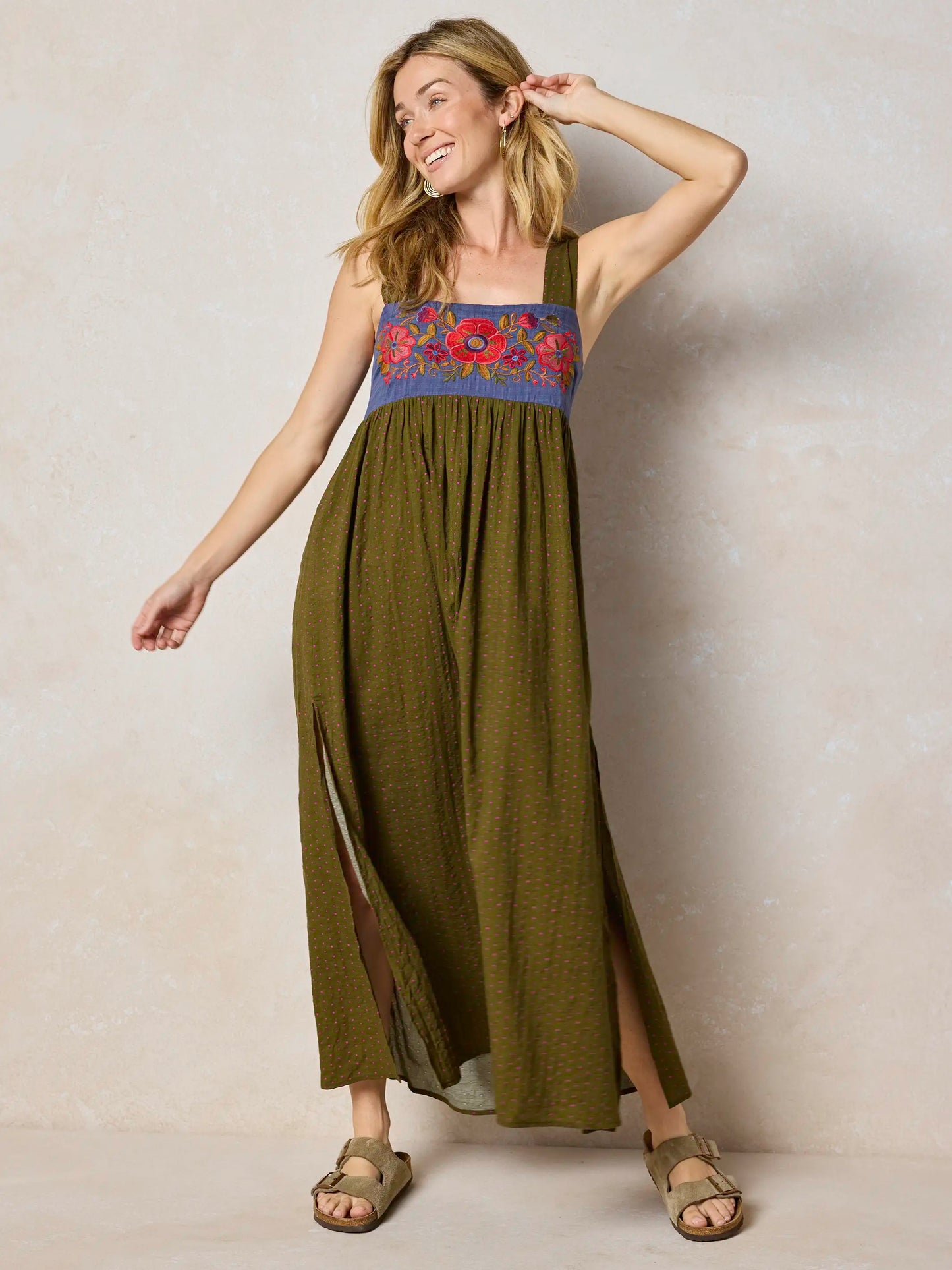 Embroidered Tricia Maxi Dress - Olive Polka Dot