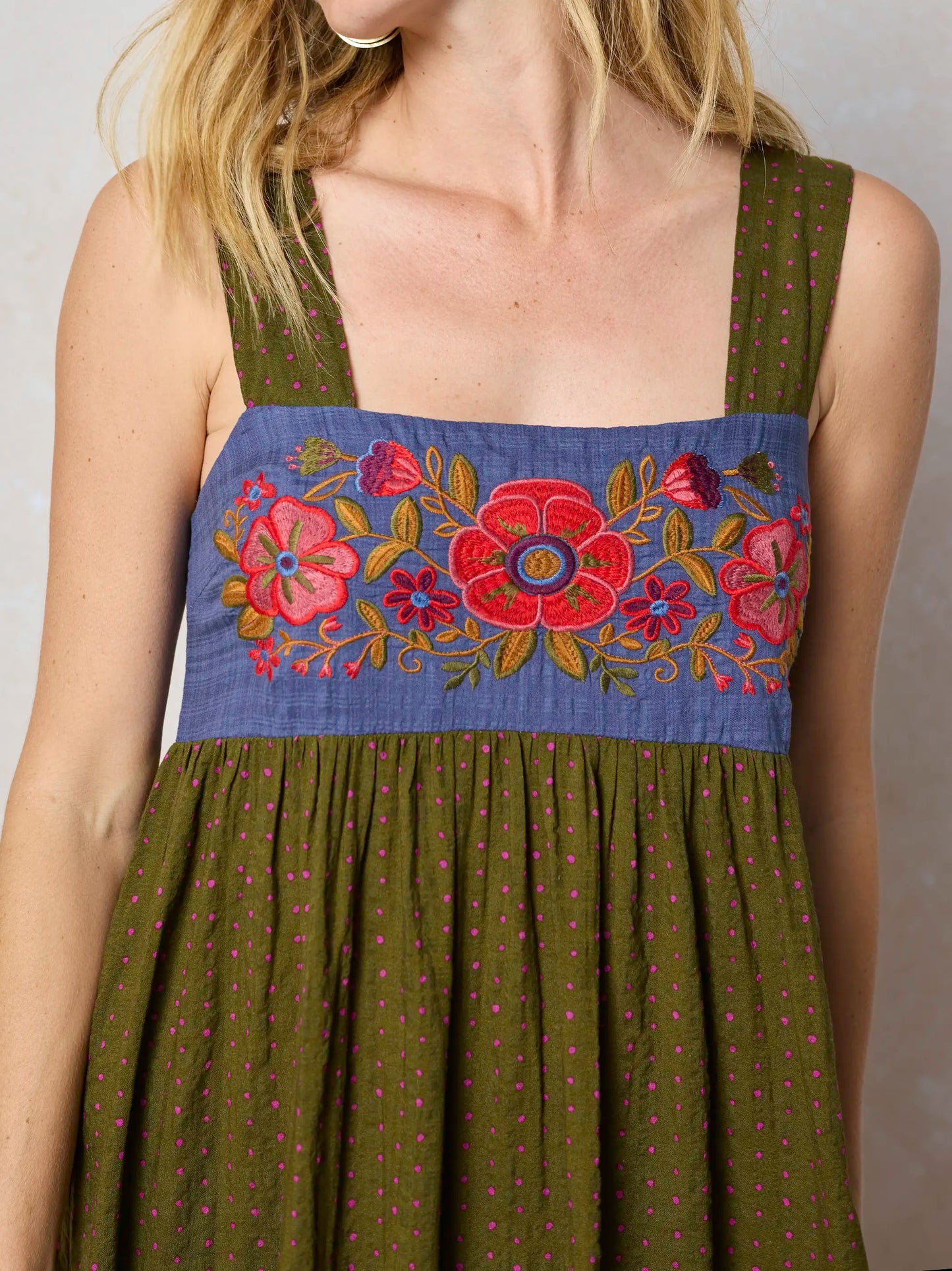Embroidered Tricia Maxi Dress - Olive Polka Dot