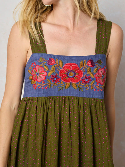 Embroidered Tricia Maxi Dress - Olive Polka Dot