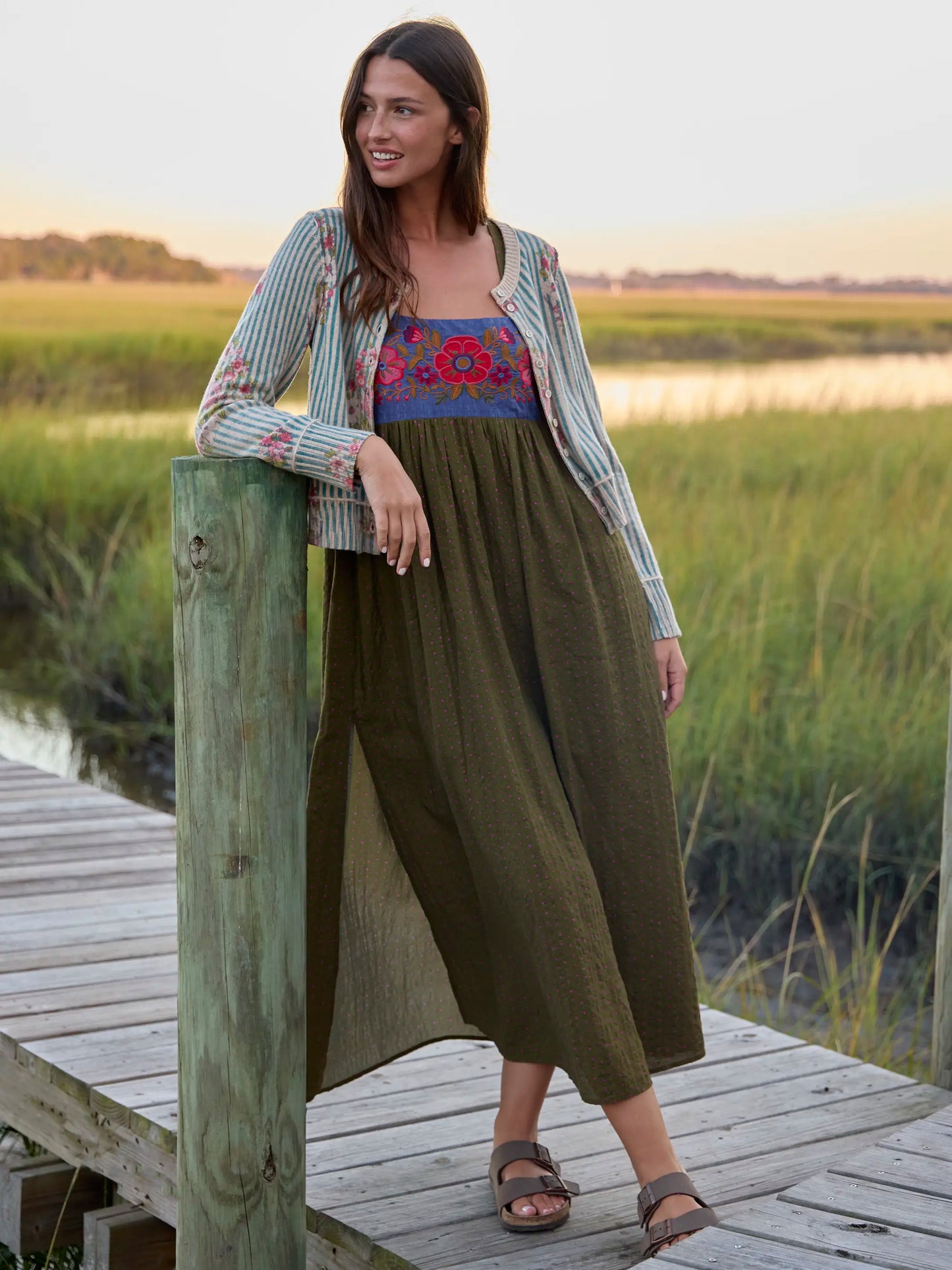 Embroidered Tricia Maxi Dress - Olive Polka Dot