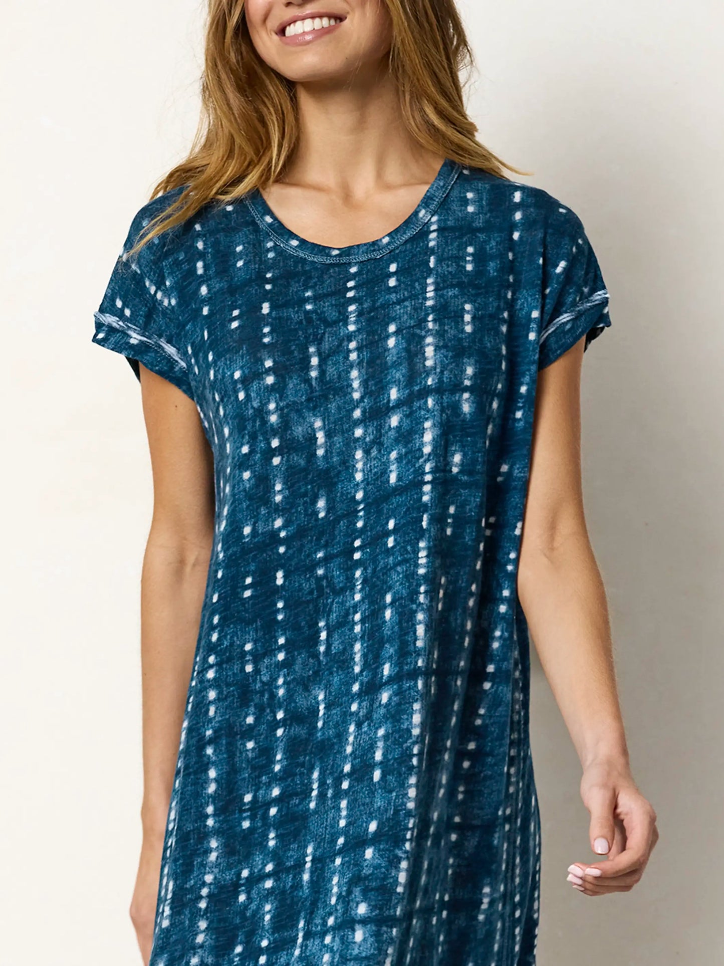 Frankie Knit Cotton Tee Midi Dress - Indigo Shibori Stripe