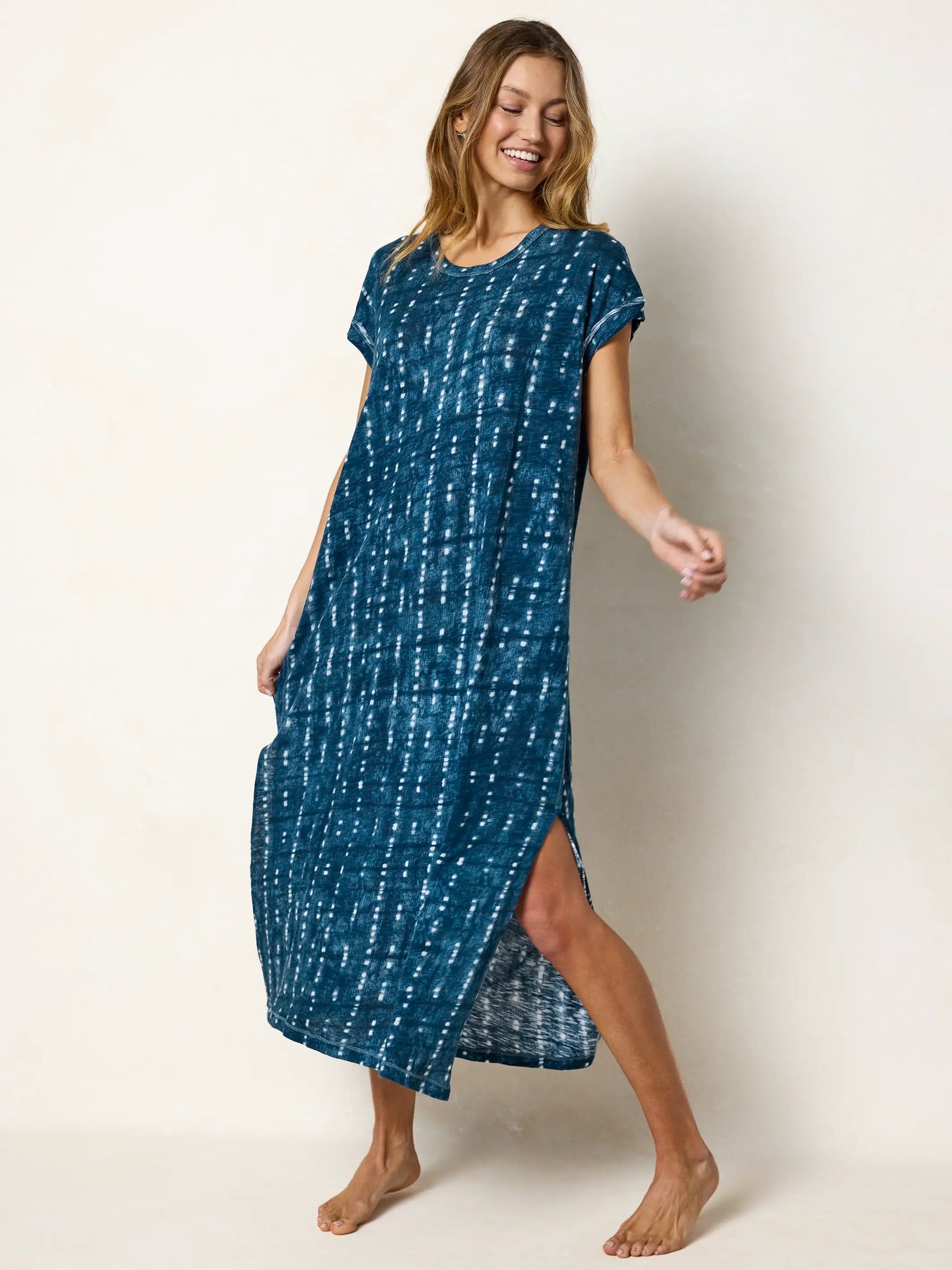 Frankie Knit Cotton Tee Midi Dress - Indigo Shibori Stripe