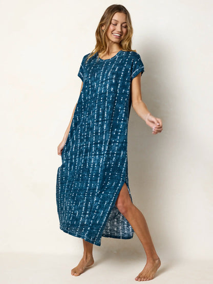 Frankie Knit Cotton Tee Midi Dress - Indigo Shibori Stripe