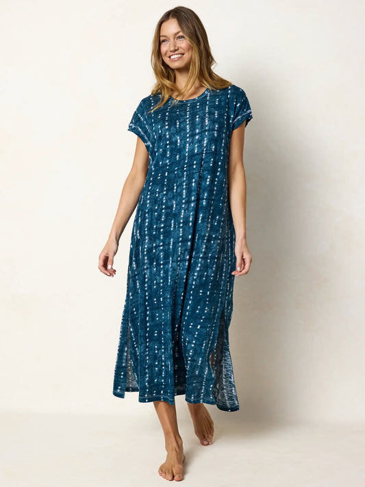 Frankie Knit Cotton Tee Midi Dress - Indigo Shibori Stripe