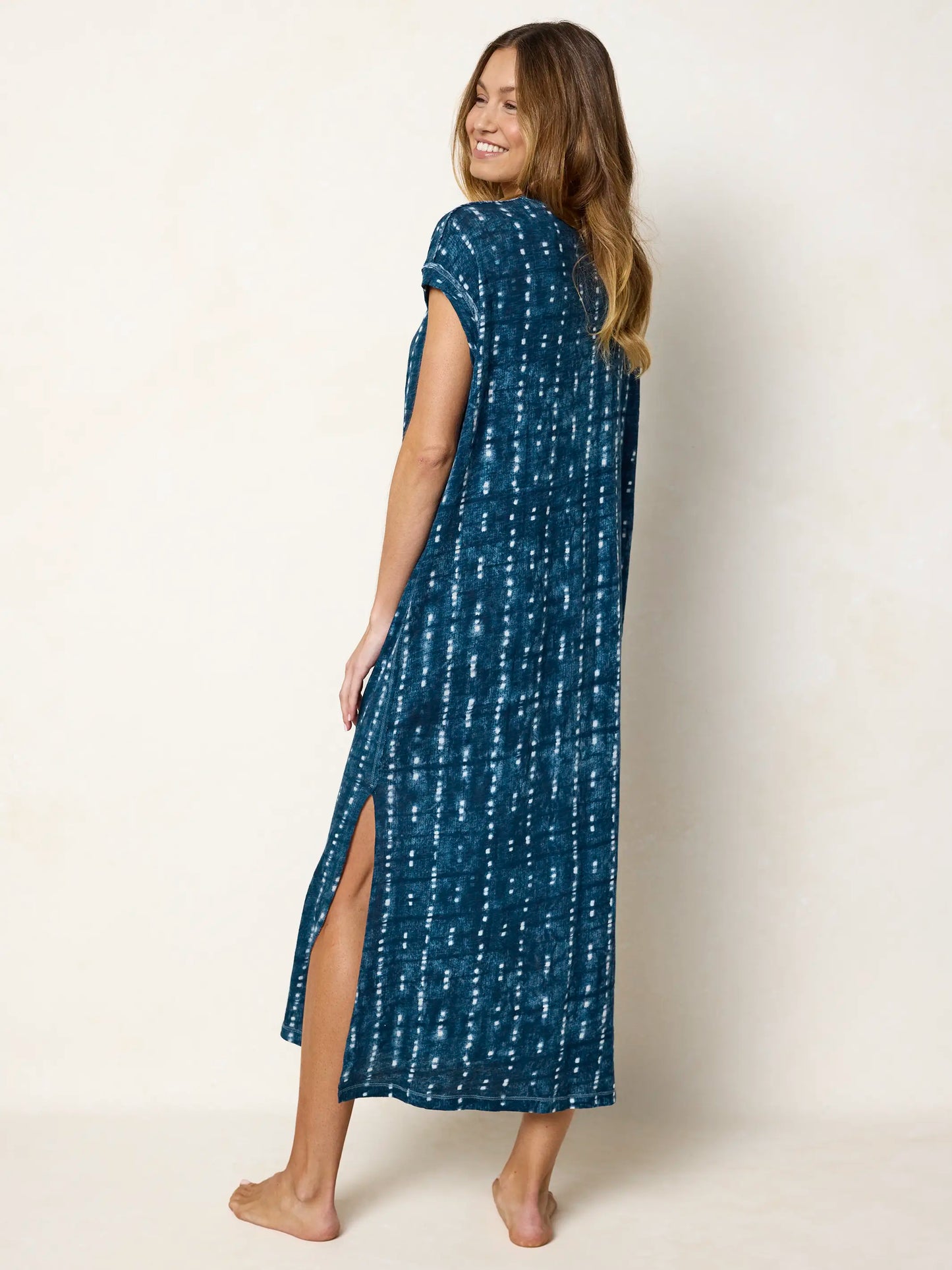 Frankie Knit Cotton Tee Midi Dress - Indigo Shibori Stripe