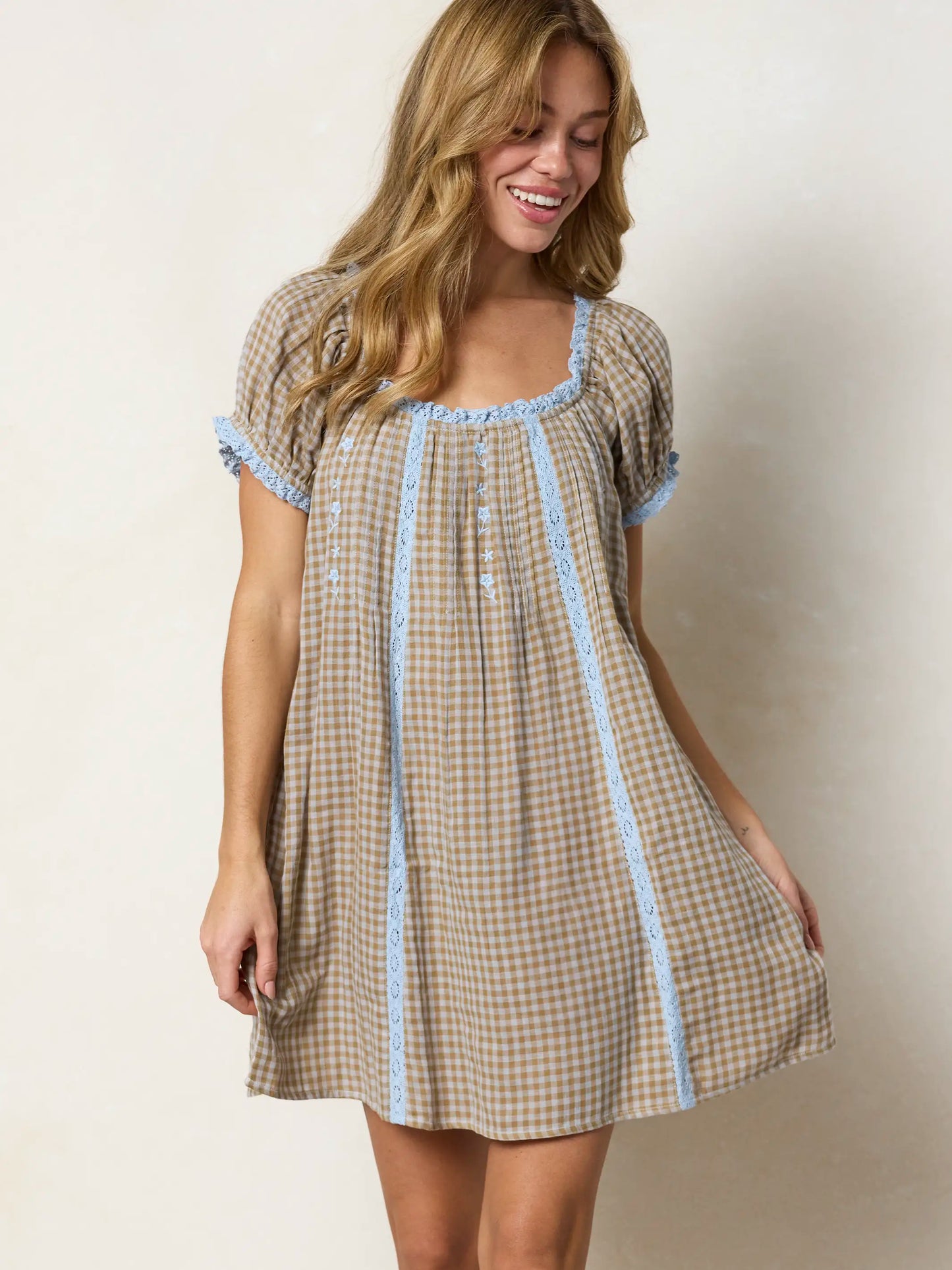 Sweet Nothings Embroidered Cotton Mini Dress - Tan Gingham Plaid