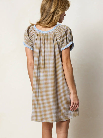 Sweet Nothings Embroidered Cotton Mini Dress - Tan Gingham Plaid