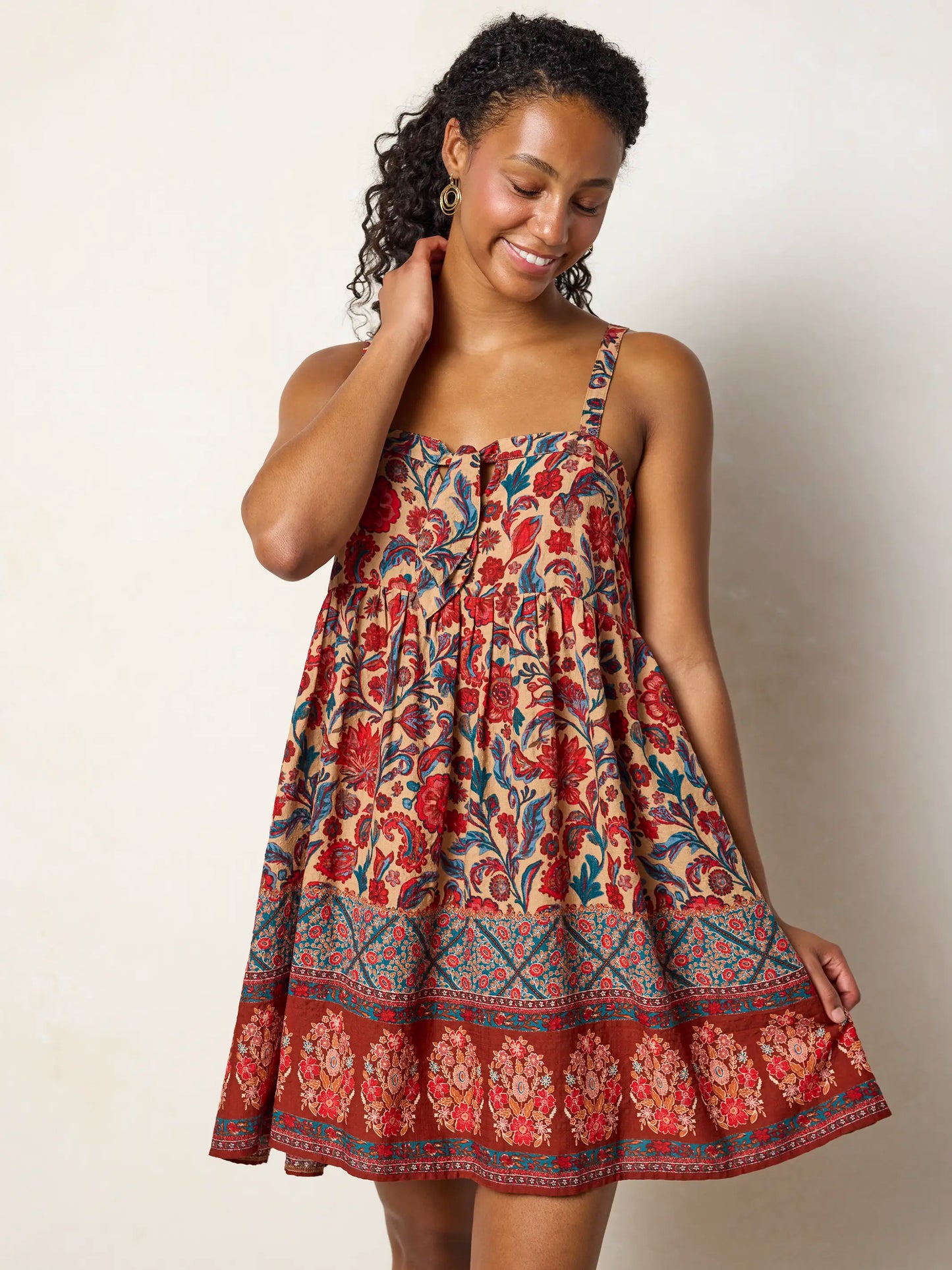 Patti Tie-Front Mini Dress - Sunnyfield Floral Tan