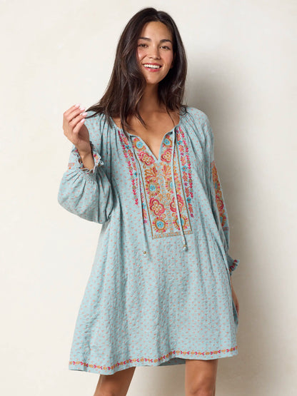 April Embroidered Mini Dress - Drawn Dots Blue