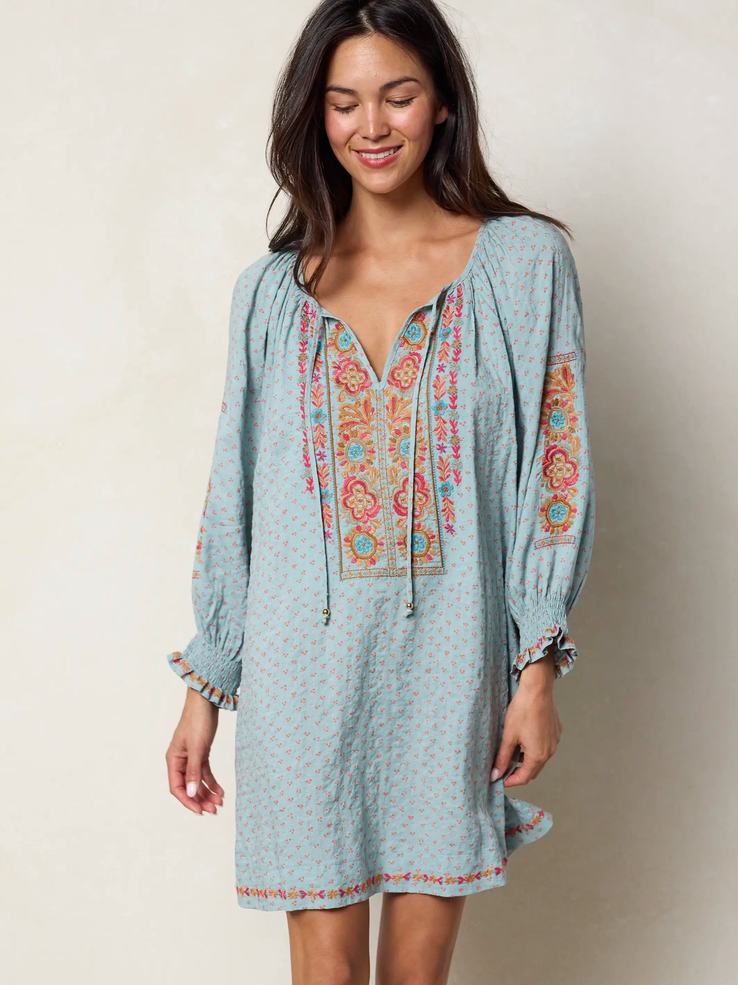April Embroidered Mini Dress - Drawn Dots Blue