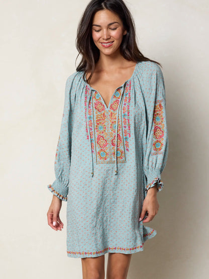 April Embroidered Mini Dress - Drawn Dots Blue