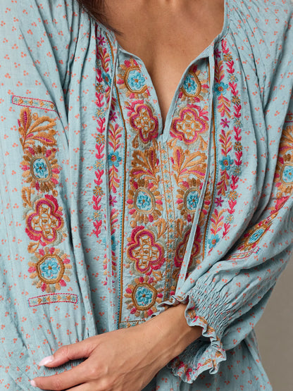 April Embroidered Mini Dress - Drawn Dots Blue