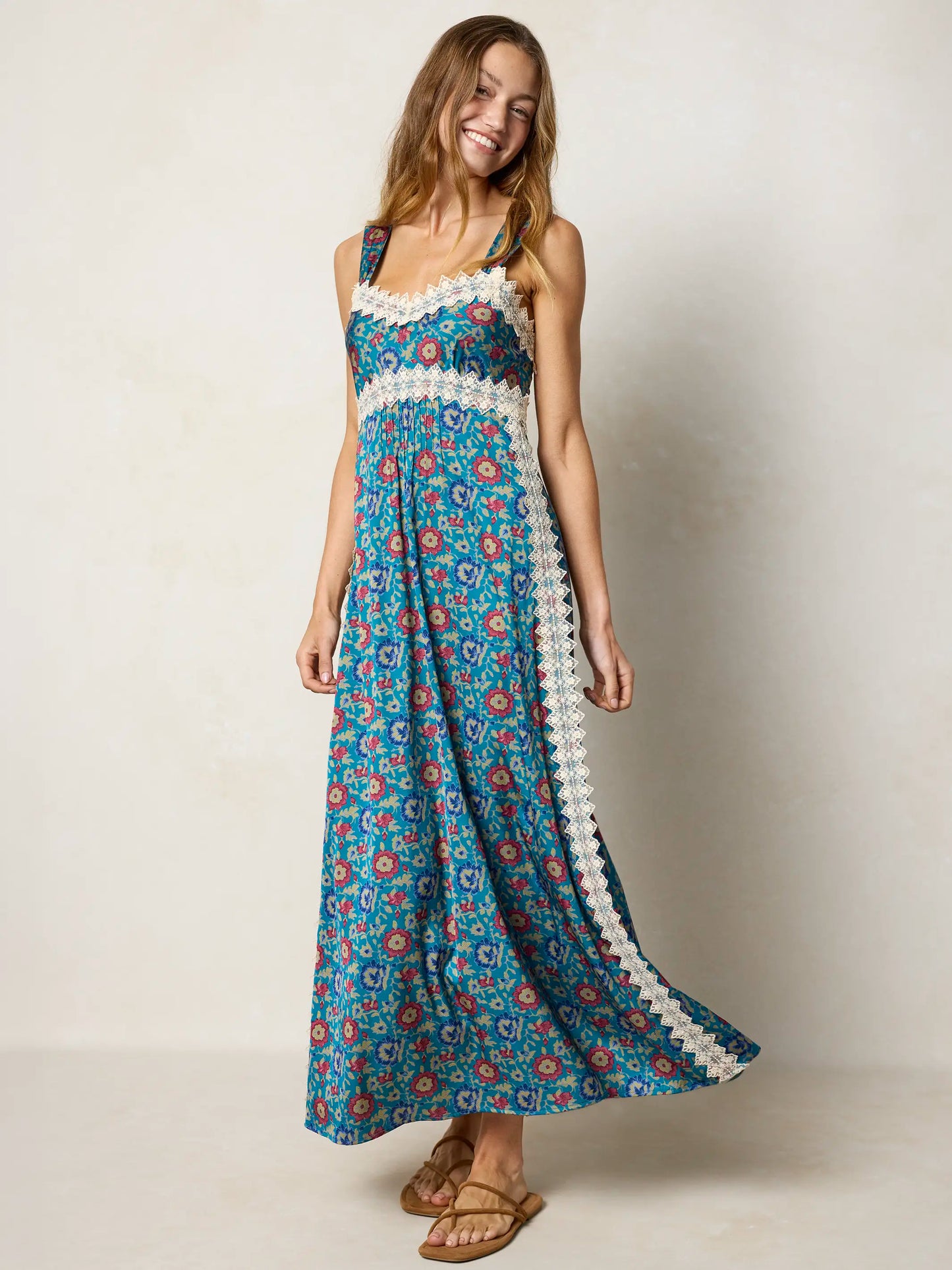 Tennessee Lace Trim Maxi Dress - Peony Block Teal