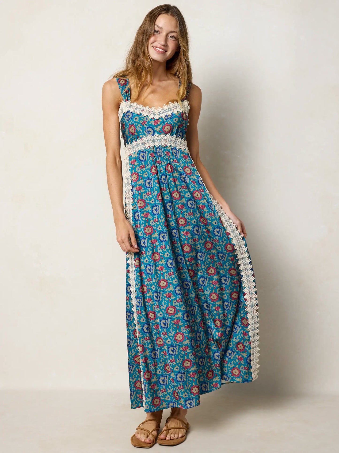 Tennessee Lace Trim Maxi Dress - Peony Block Teal