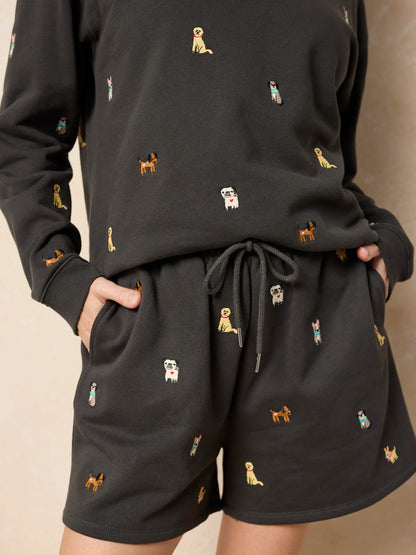 Fave Little Things Embroidered Shorts - Charcoal Dogs