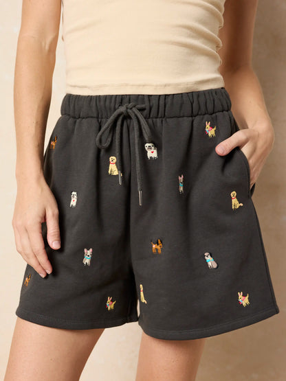 Fave Little Things Embroidered Shorts - Charcoal Dogs