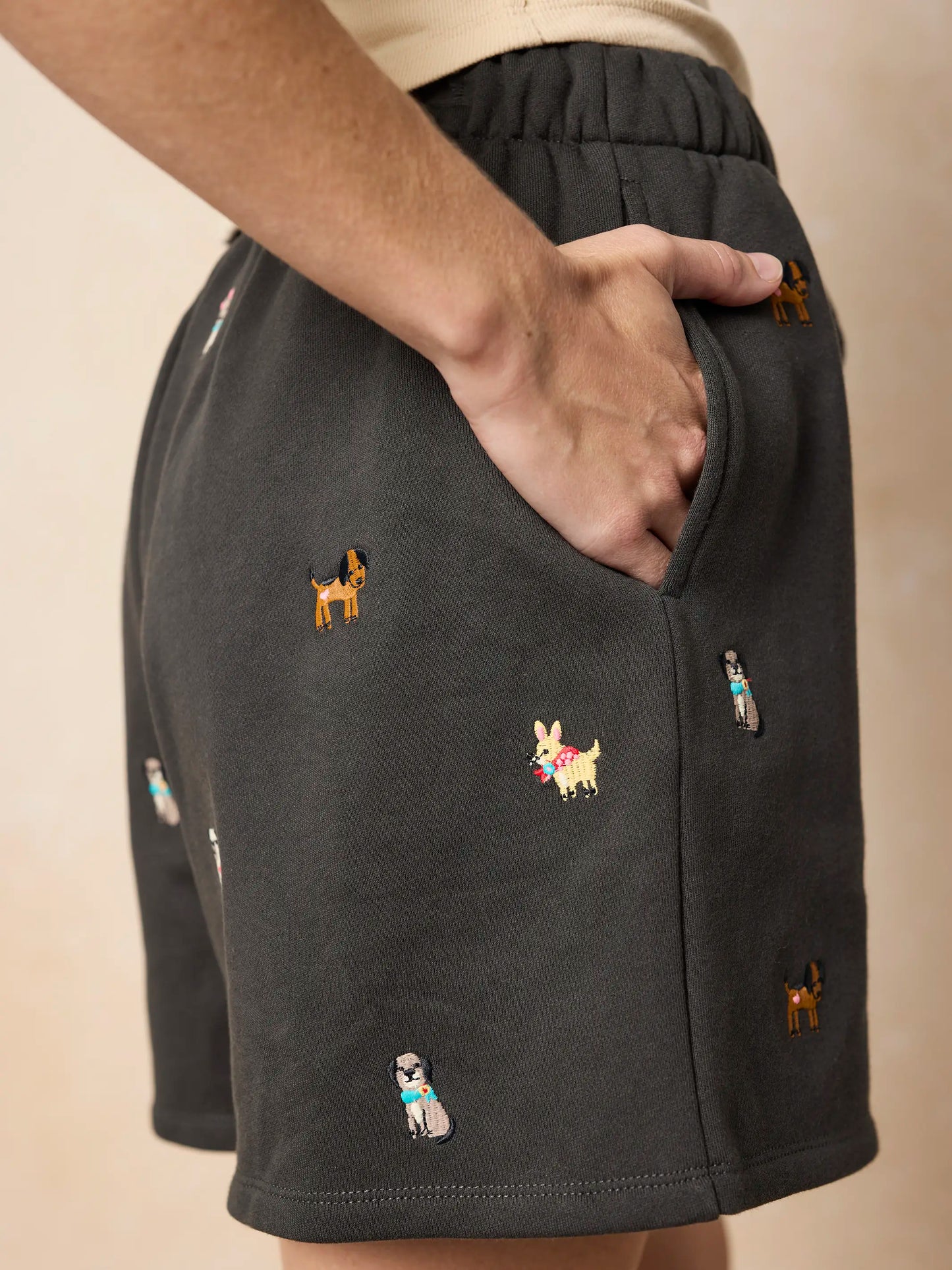 Fave Little Things Embroidered Shorts - Charcoal Dogs