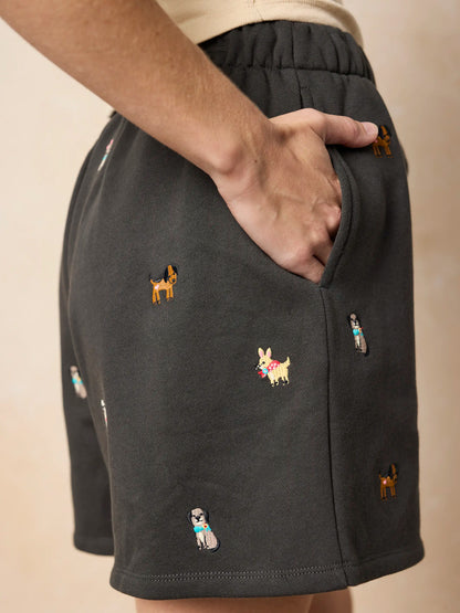 Fave Little Things Embroidered Shorts - Charcoal Dogs