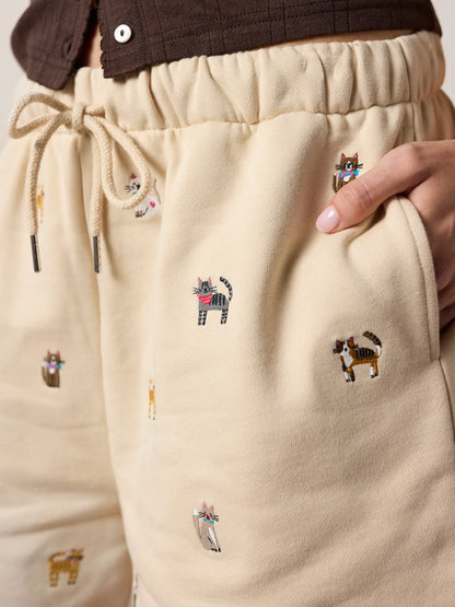 Fave Little Things Embroidered Shorts - Cream Cats