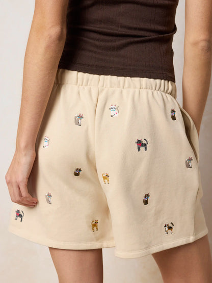 Fave Little Things Embroidered Shorts - Cream Cats