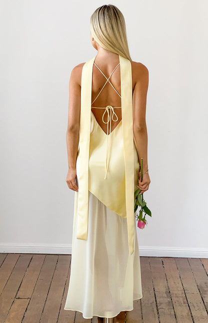 Laila Yellow Satin Scarf Formal Maxi Dress
