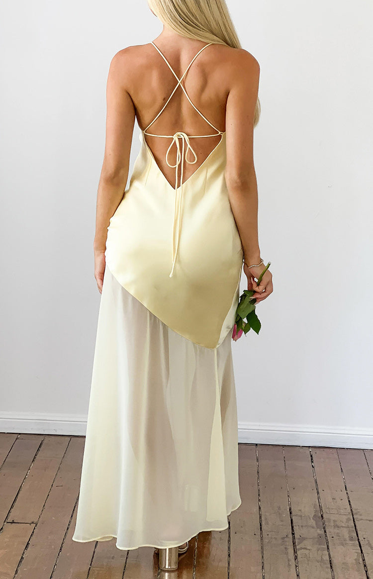Laila Yellow Satin Scarf Formal Maxi Dress