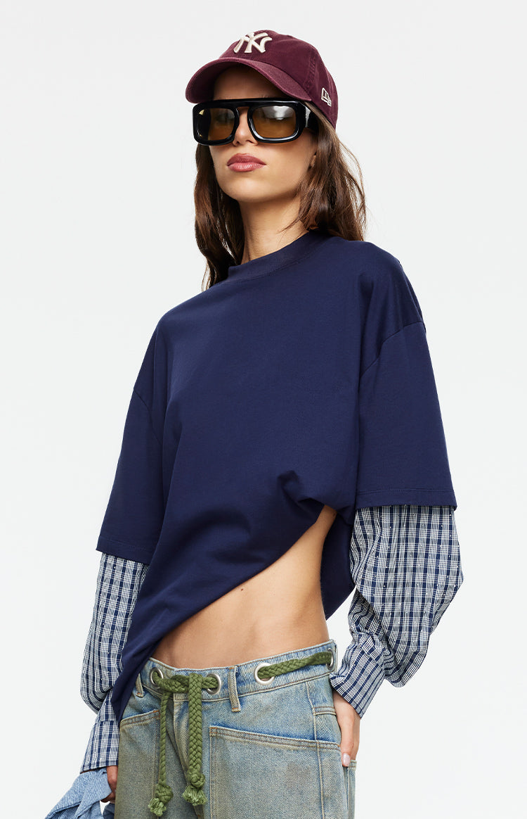 Lioness Bottega Navy Layered Contrast Sleeve Shirt