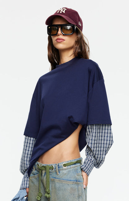 Lioness Bottega Navy Layered Contrast Sleeve Shirt