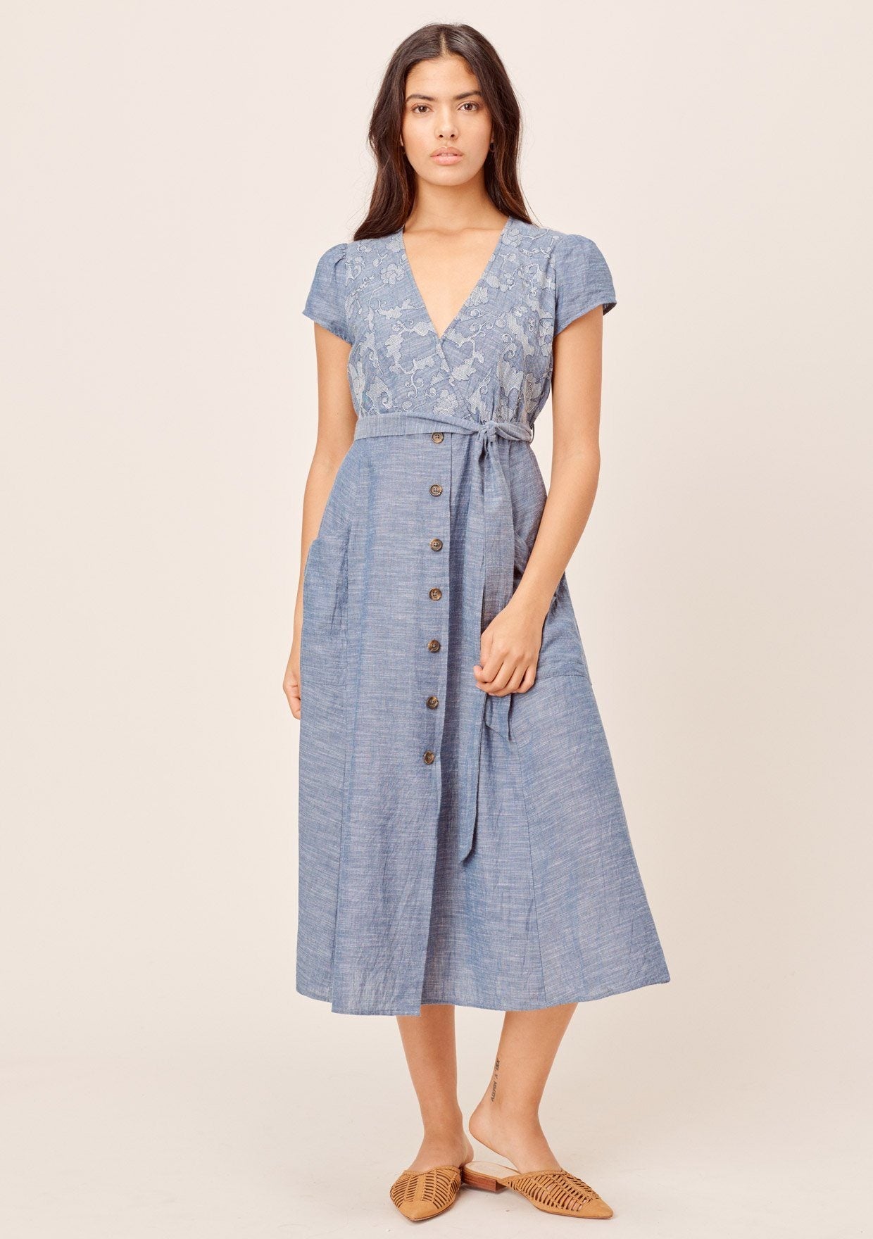 Janie Denim-Blue Embroidered Midi Dress
