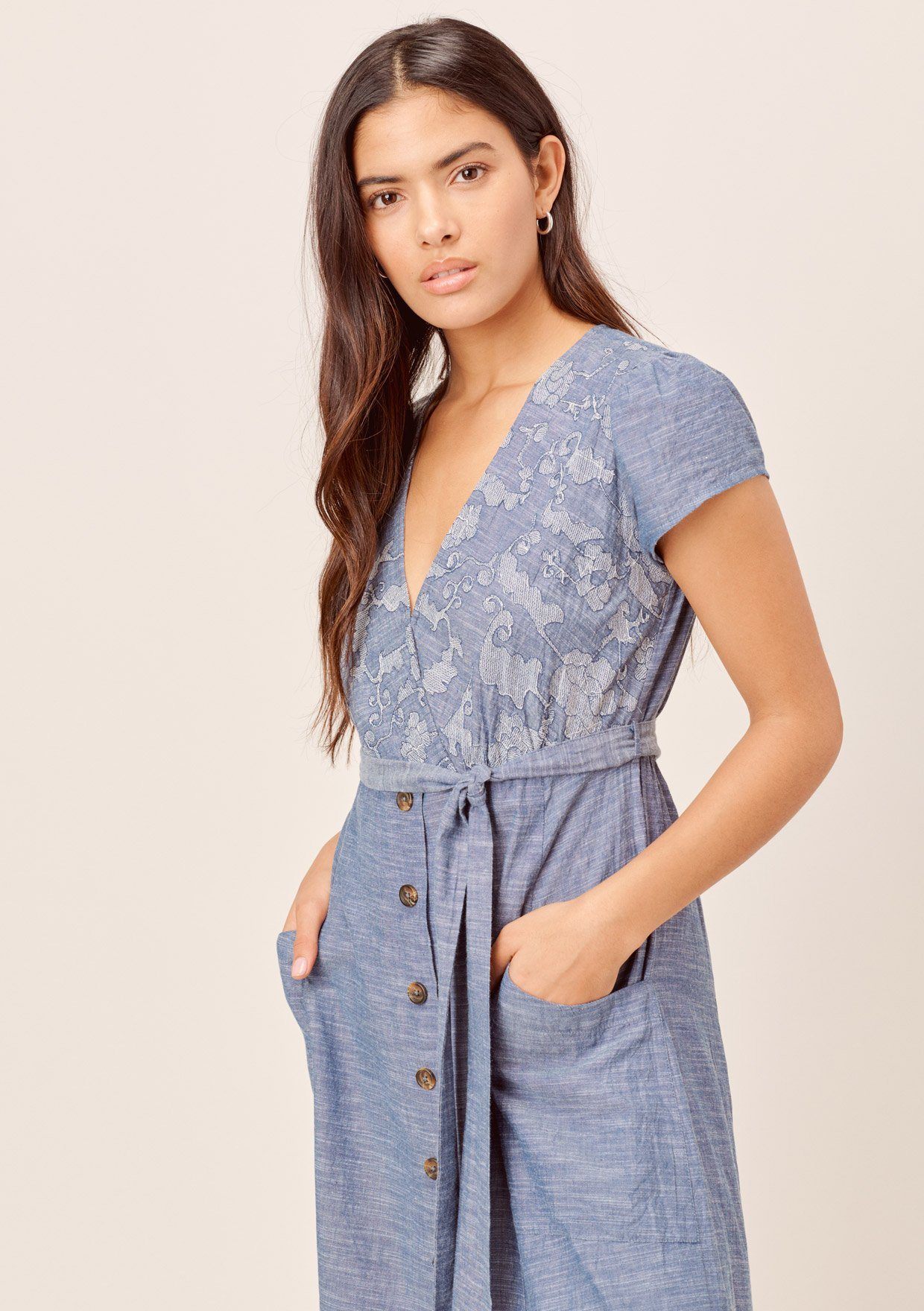 Janie Denim-Blue Embroidered Midi Dress