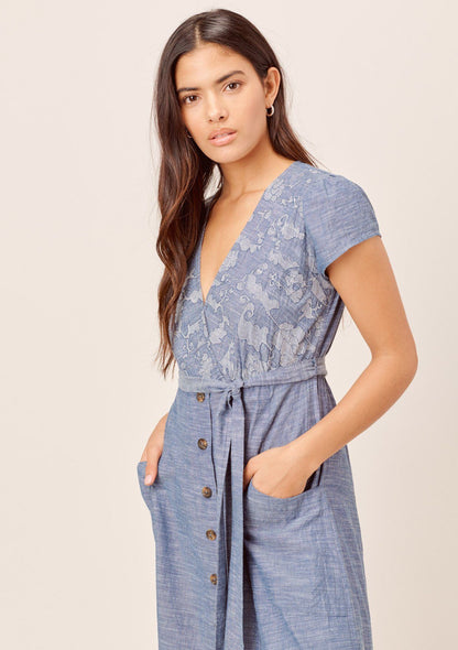Janie Denim-Blue Embroidered Midi Dress