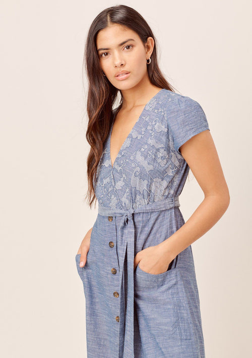 Janie Denim-Blue Embroidered Midi Dress